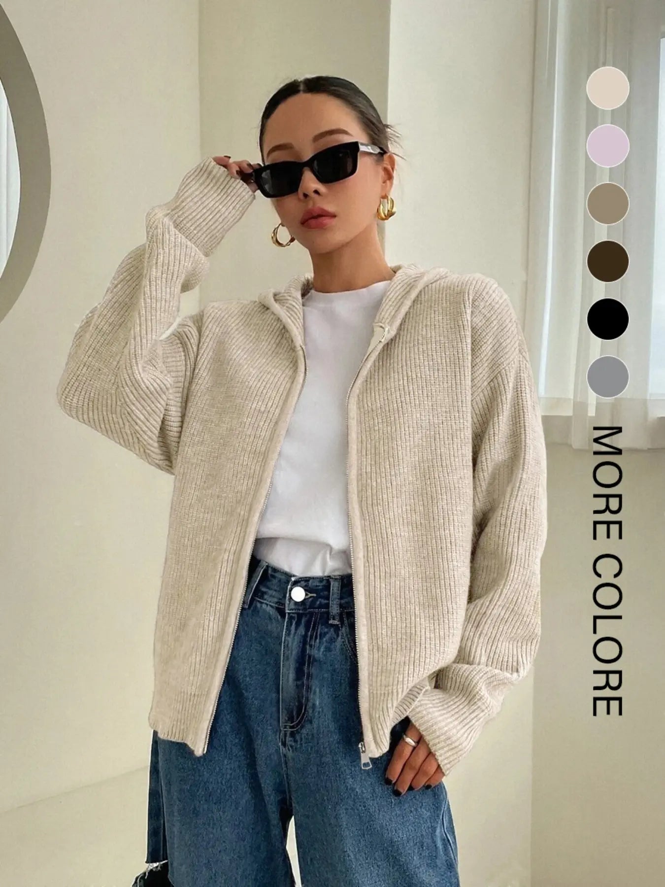 Women'S Solid Zip-Up Hooded Sweater Cardigan, Casual Fitted Drop-Shoulder Long-Sleeve Everyday Cardigan, Women Knitwear for Fall & Winter Daily Wear