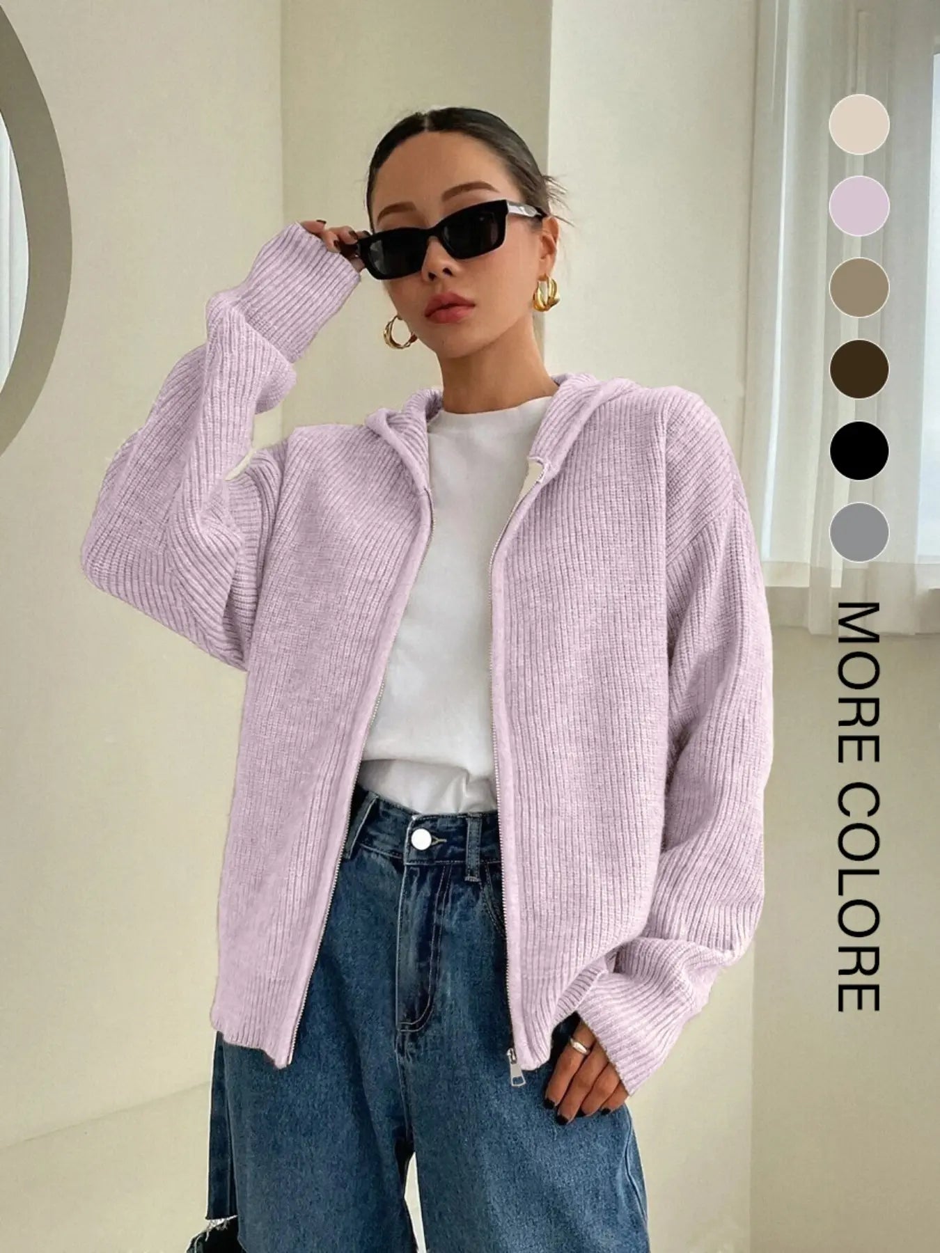 Women'S Solid Zip-Up Hooded Sweater Cardigan, Casual Fitted Drop-Shoulder Long-Sleeve Everyday Cardigan, Women Knitwear for Fall & Winter Daily Wear