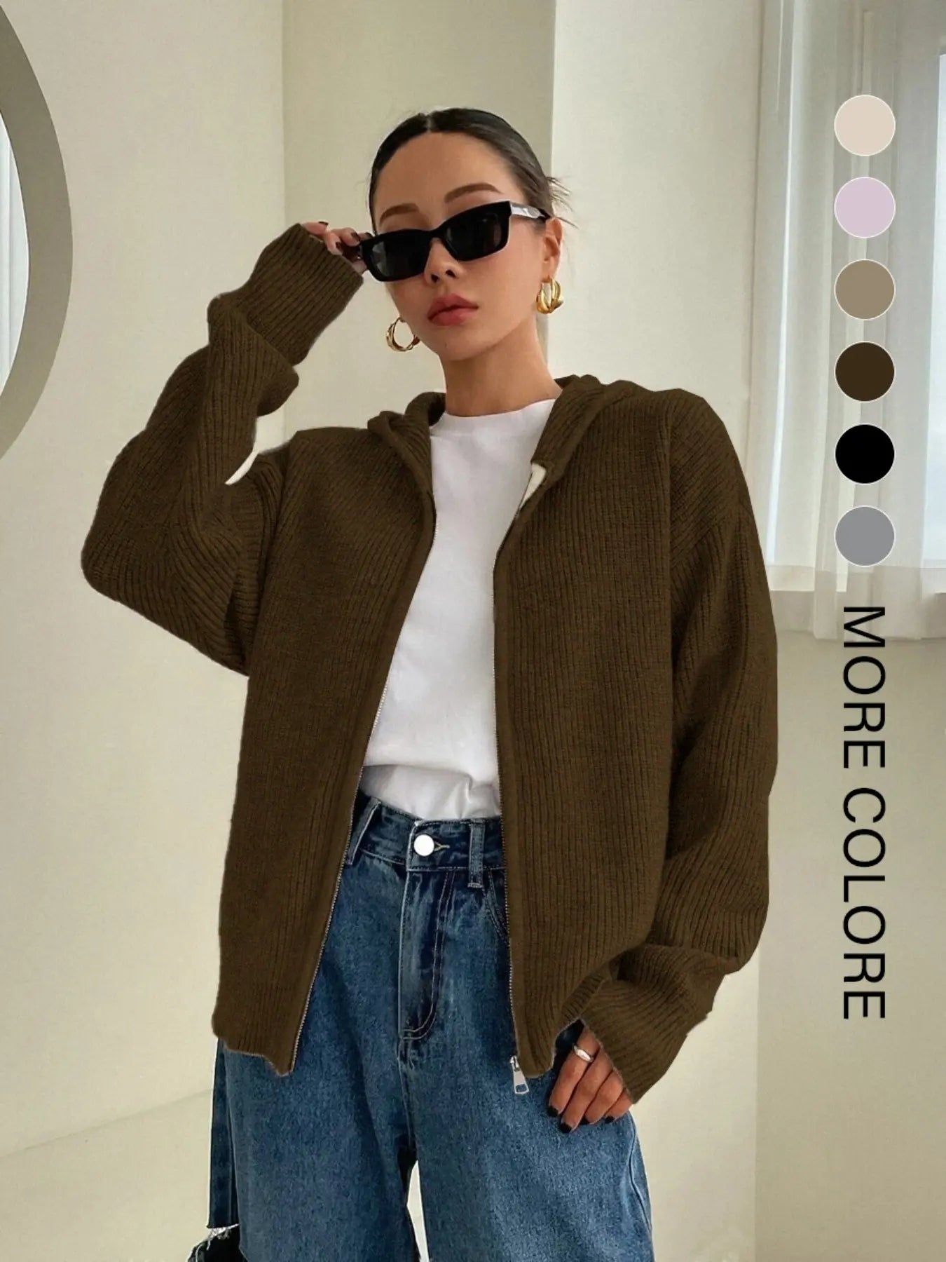 Women'S Solid Zip-Up Hooded Sweater Cardigan, Casual Fitted Drop-Shoulder Long-Sleeve Everyday Cardigan, Women Knitwear for Fall & Winter Daily Wear