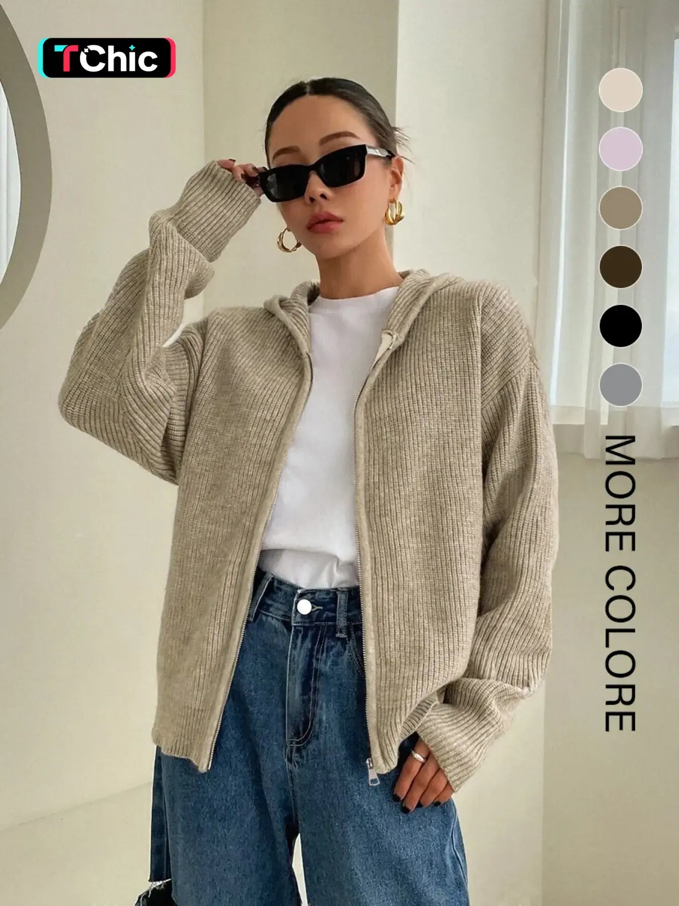Women'S Solid Zip-Up Hooded Sweater Cardigan, Casual Fitted Drop-Shoulder Long-Sleeve Everyday Cardigan, Women Knitwear for Fall & Winter Daily Wear