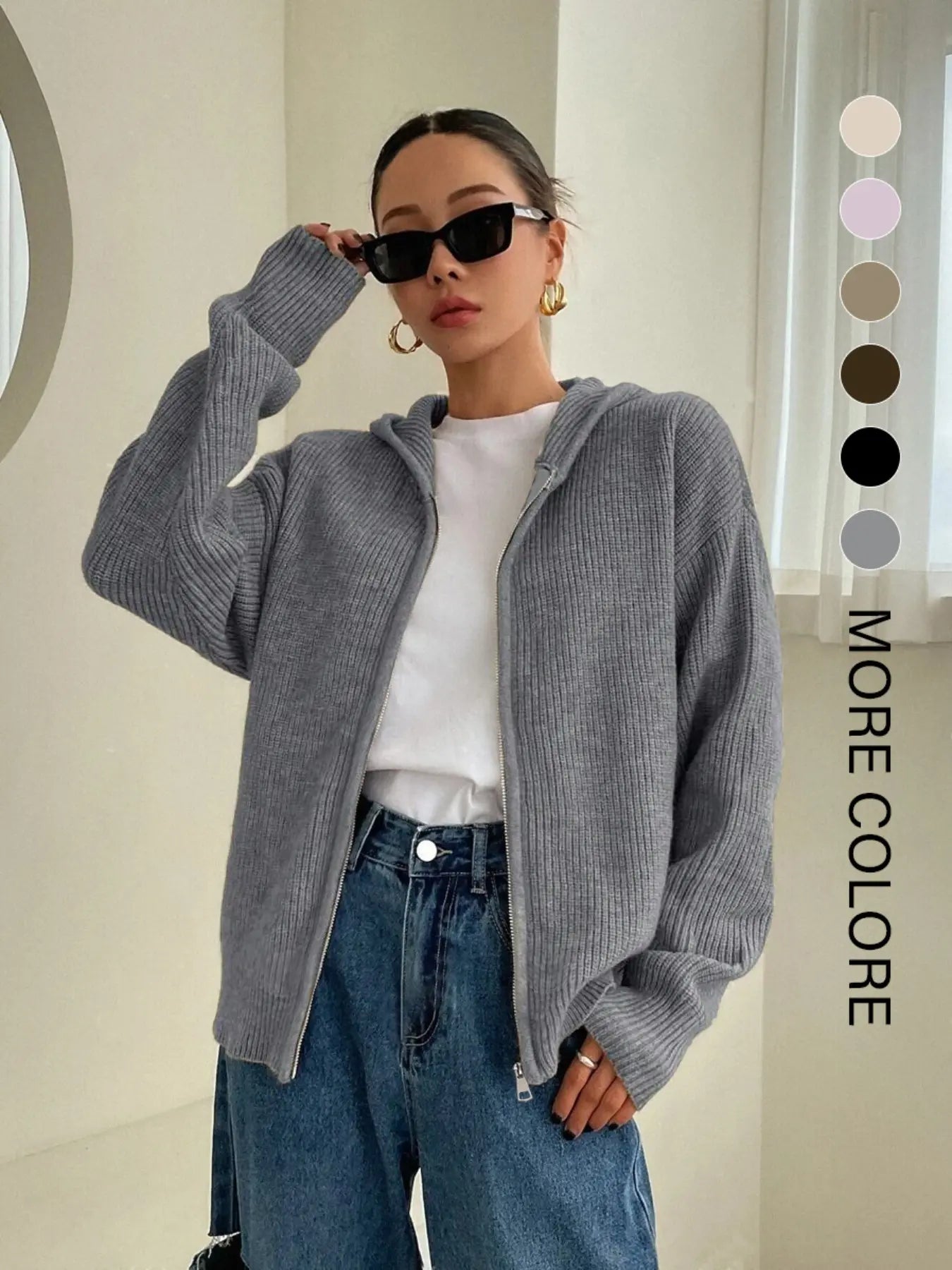 Women'S Solid Zip-Up Hooded Sweater Cardigan, Casual Fitted Drop-Shoulder Long-Sleeve Everyday Cardigan, Women Knitwear for Fall & Winter Daily Wear