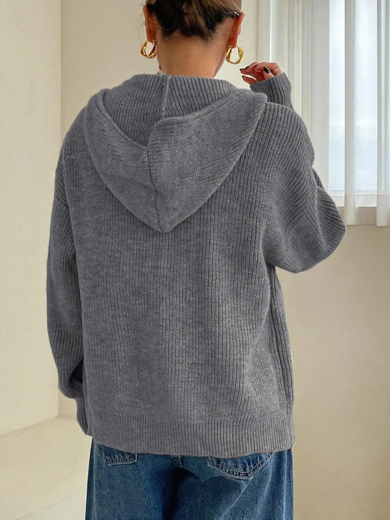 Women'S Solid Zip-Up Hooded Sweater Cardigan, Casual Fitted Drop-Shoulder Long-Sleeve Everyday Cardigan, Women Knitwear for Fall & Winter Daily Wear